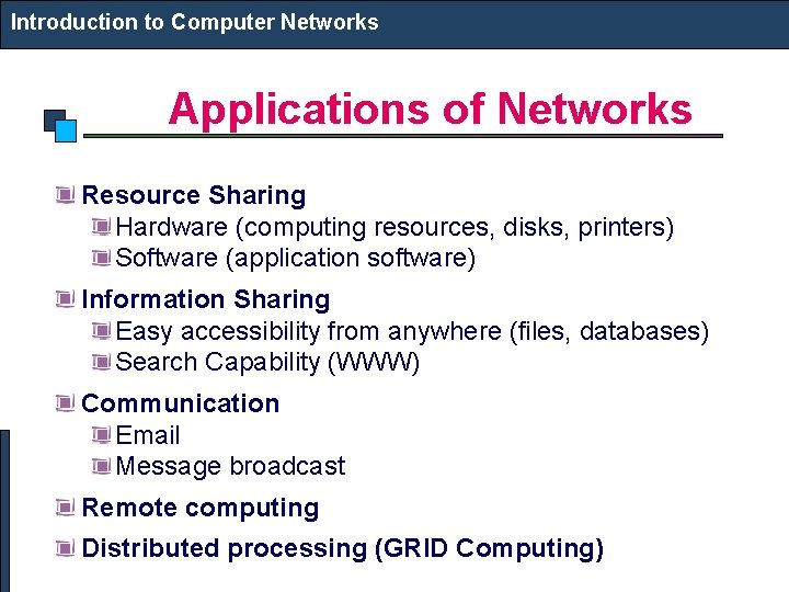 Introduction to Computer Networks Applications of Networks Resource Sharing Hardware (computing resources, disks, printers) Introduction to Computer Networks Applications of Networks Resource Sharing Hardware (computing resources, disks, printers)