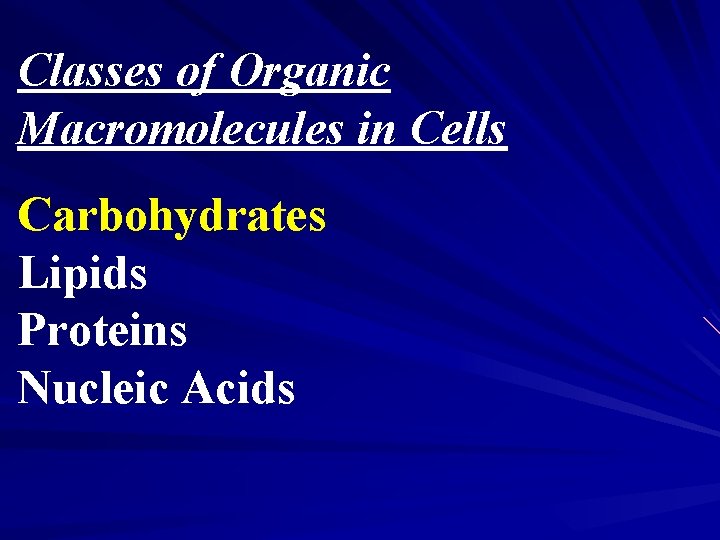 Classes of Organic Macromolecules in Cells Carbohydrates Lipids Proteins Nucleic Acids 