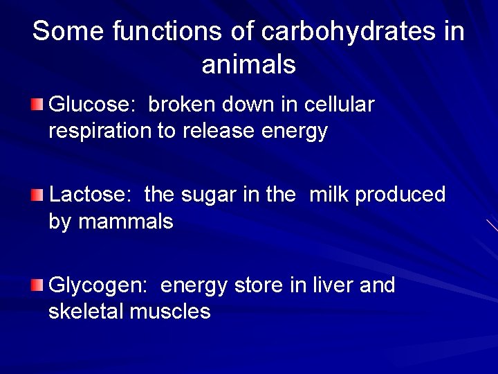 Some functions of carbohydrates in animals Glucose: broken down in cellular respiration to release