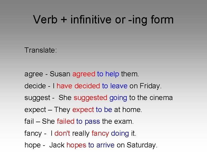 Verb + infinitive or -ing form Translate: agree - Susan agreed to help them.