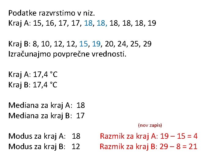 Podatke razvrstimo v niz. Kraj A: 15, 16, 17, 18, 18, 18, 19 Kraj