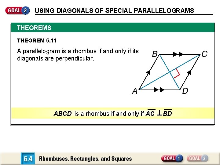 USING DIAGONALS OF SPECIAL PARALLELOGRAMS THEOREM 6. 11 A parallelogram is a rhombus if