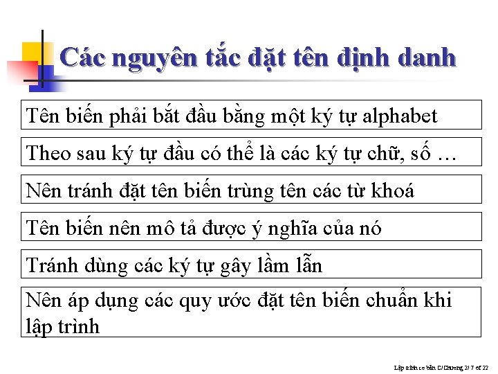 Các nguyên tắc đặt tên định danh Tên biến phải bắt đầu bằng một