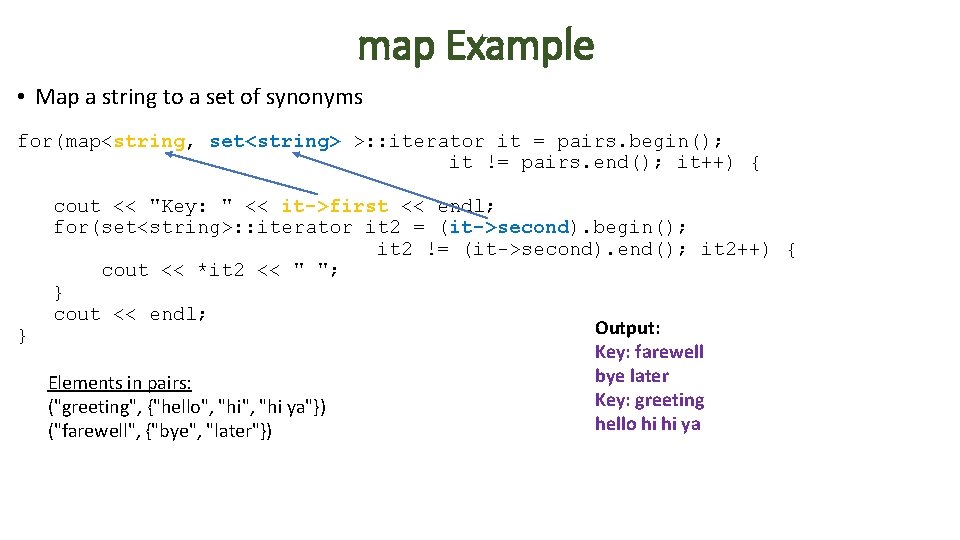 map Example • Map a string to a set of synonyms for(map<string, set<string> >: