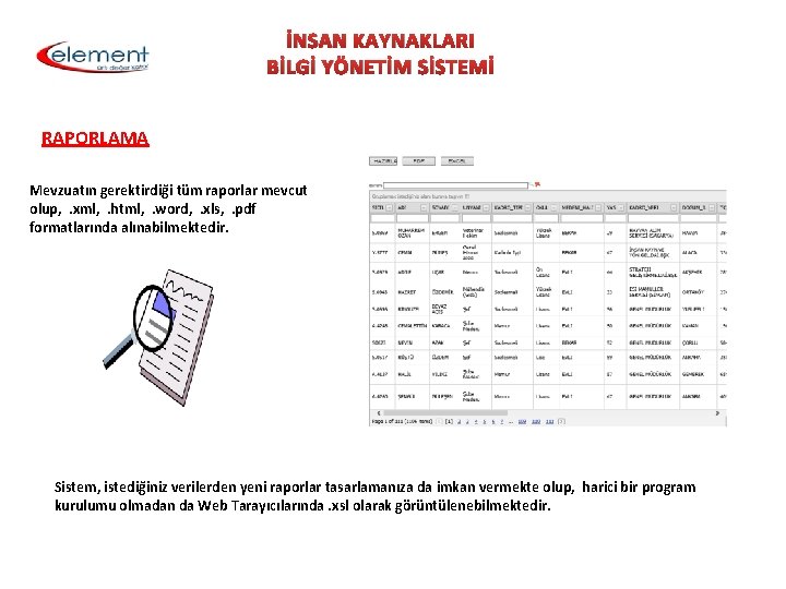 İNSAN KAYNAKLARI BİLGİ YÖNETİM SİSTEMİ RAPORLAMA Mevzuatın gerektirdiği tüm raporlar mevcut olup, . xml,