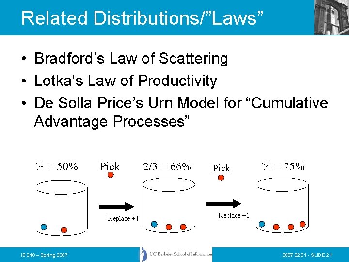 Related Distributions/”Laws” • Bradford’s Law of Scattering • Lotka’s Law of Productivity • De Related Distributions/”Laws” • Bradford’s Law of Scattering • Lotka’s Law of Productivity • De