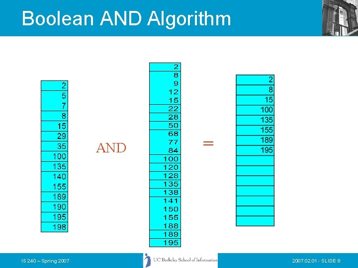 Boolean AND Algorithm AND IS 240 – Spring 2007 = 2007. 02. 01 - Boolean AND Algorithm AND IS 240 – Spring 2007 = 2007. 02. 01 -