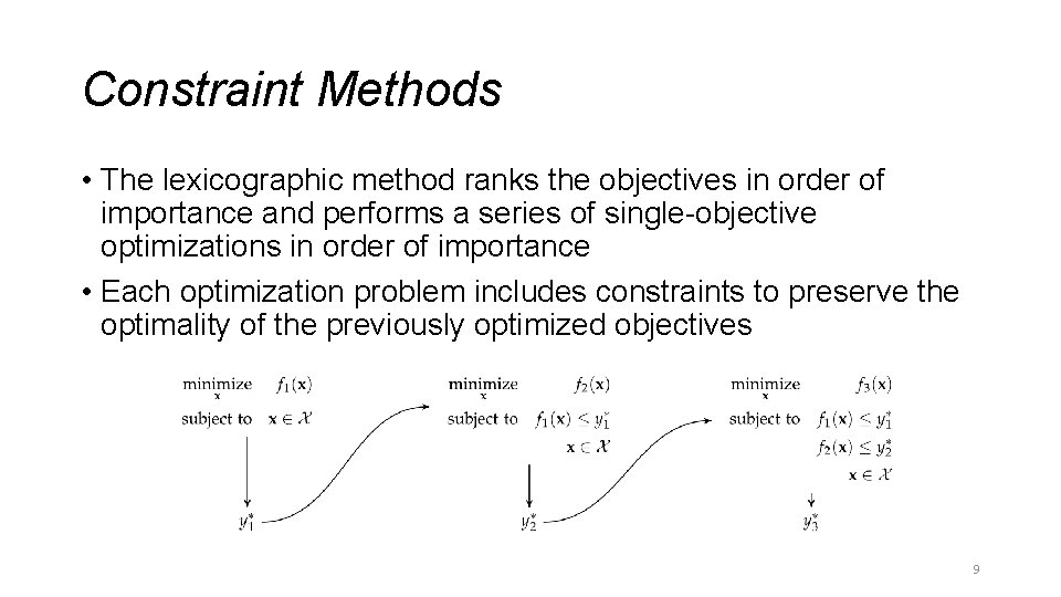 Constraint Methods • The lexicographic method ranks the objectives in order of importance and