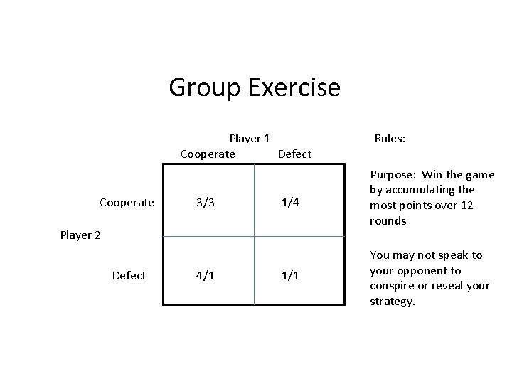 Group Exercise Player 1 Cooperate Defect Cooperate 3/3 1/4 Purpose: Win the game by