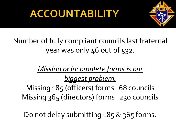 ACCOUNTABILITY Number of fully compliant councils last fraternal year was only 46 out of