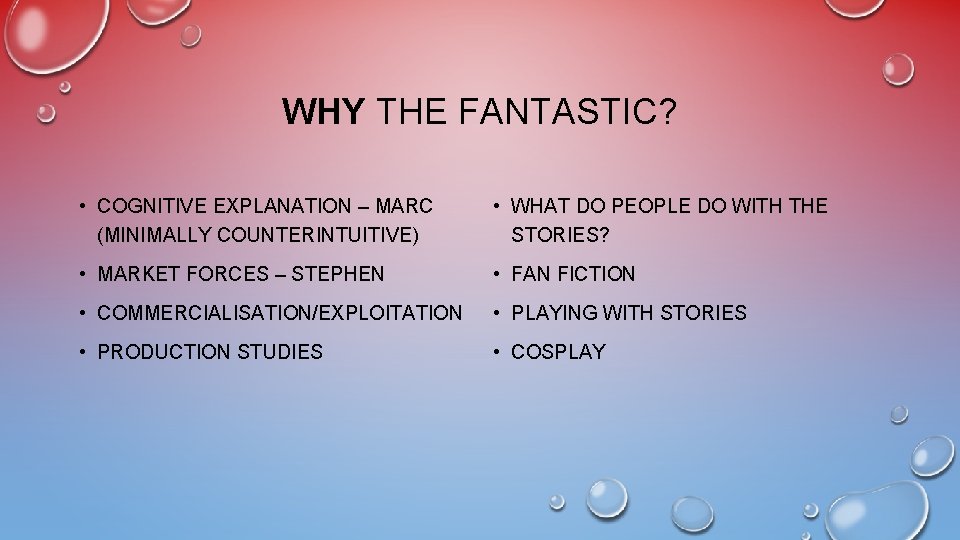 WHY THE FANTASTIC? • COGNITIVE EXPLANATION – MARC (MINIMALLY COUNTERINTUITIVE) • WHAT DO PEOPLE