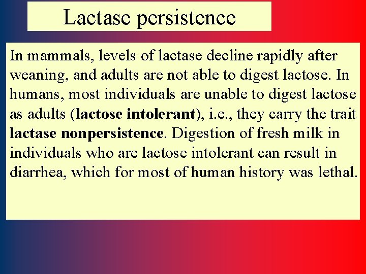 Lactase persistence In mammals, levels of lactase decline rapidly after weaning, and adults are