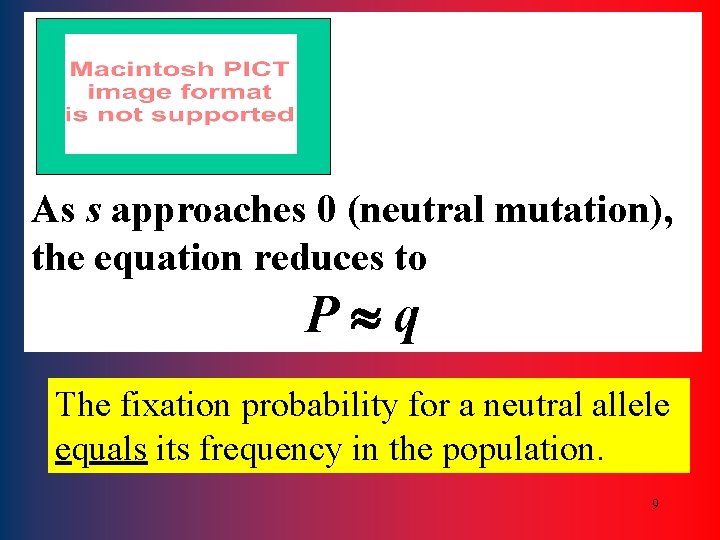 As s approaches 0 (neutral mutation), the equation reduces to P q The fixation