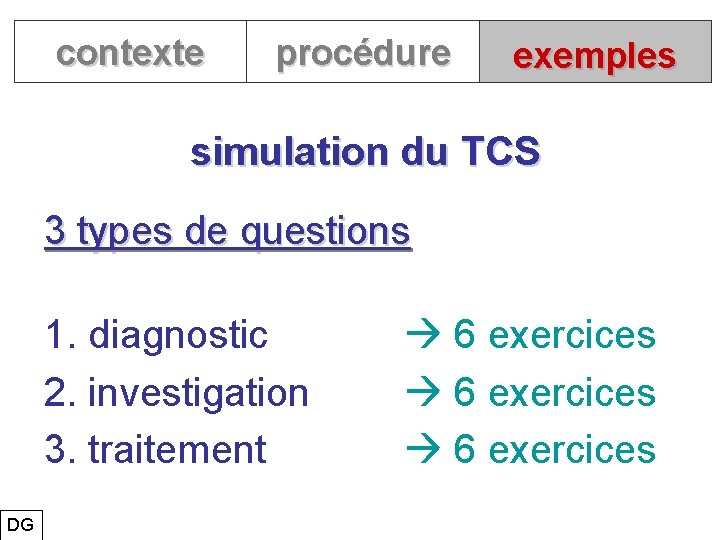 contexte procédure exemples simulation du TCS 3 types de questions 1. diagnostic 2. investigation