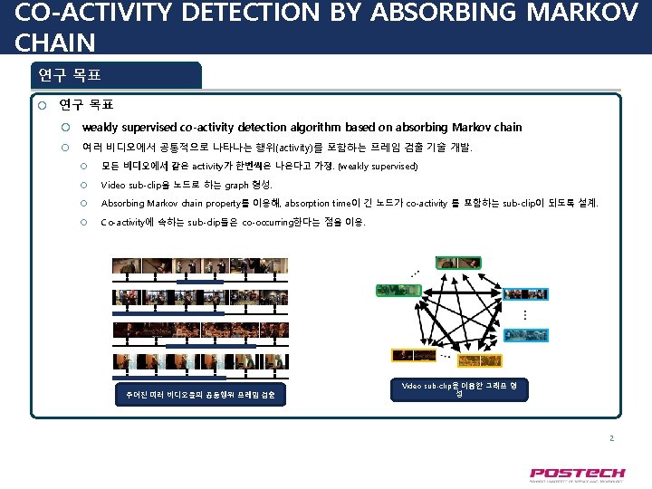 CO-ACTIVITY DETECTION BY ABSORBING MARKOV CHAIN 연구 목표 weakly supervised co-activity detection algorithm based