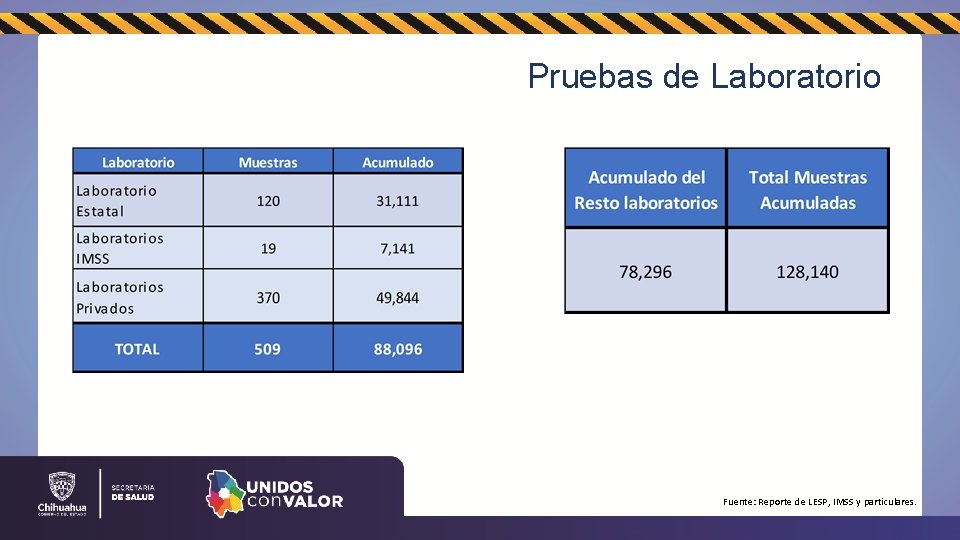 Pruebas de Laboratorio Fuente: Reporte de LESP, IMSS y particulares. 