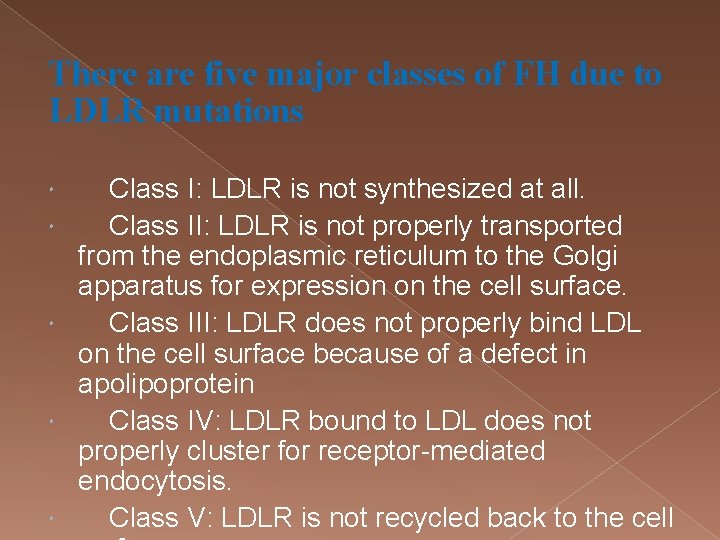 There are five major classes of FH due to LDLR mutations Class I: LDLR