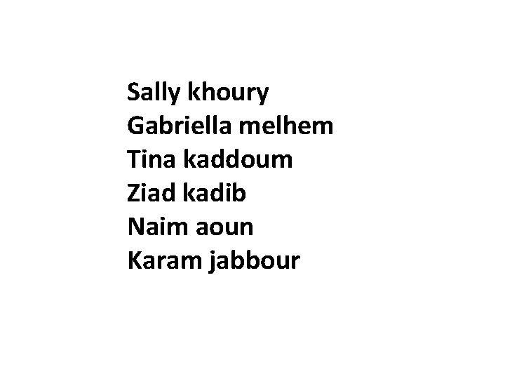 Sally khoury Gabriella melhem Tina kaddoum Ziad kadib Naim aoun Karam jabbour Sally khoury Gabriella melhem Tina kaddoum Ziad kadib Naim aoun Karam jabbour