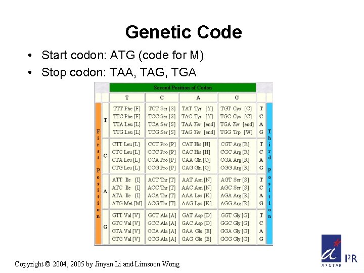 Genetic Code • Start codon: ATG (code for M) • Stop codon: TAA, TAG,