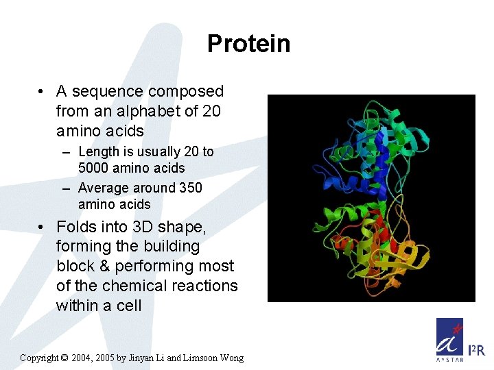 Protein • A sequence composed from an alphabet of 20 amino acids – Length