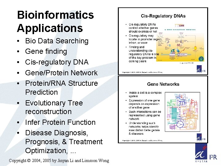 Bioinformatics Applications • • • Bio Data Searching Gene finding Cis-regulatory DNA Gene/Protein Network