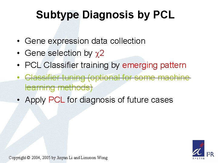 Subtype Diagnosis by PCL • • Gene expression data collection Gene selection by 2
