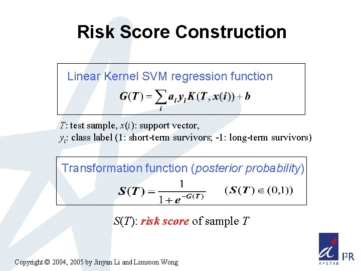 Risk Score Construction Linear Kernel SVM regression function T: test sample, x(i): support vector,