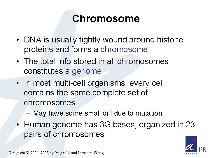 Chromosome • DNA is usually tightly wound around histone proteins and forms a chromosome