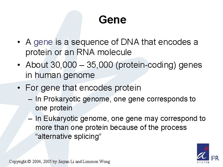 Gene • A gene is a sequence of DNA that encodes a protein or