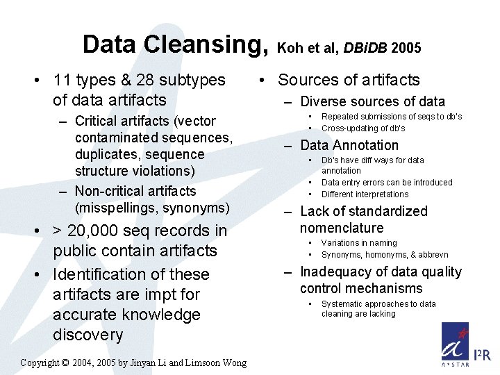 Data Cleansing, Koh et al, DBi. DB 2005 • 11 types & 28 subtypes