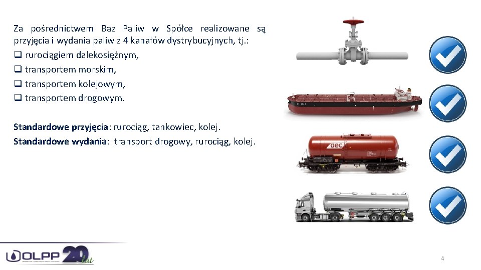 Za pośrednictwem Baz Paliw w Spółce realizowane są przyjęcia i wydania paliw z 4