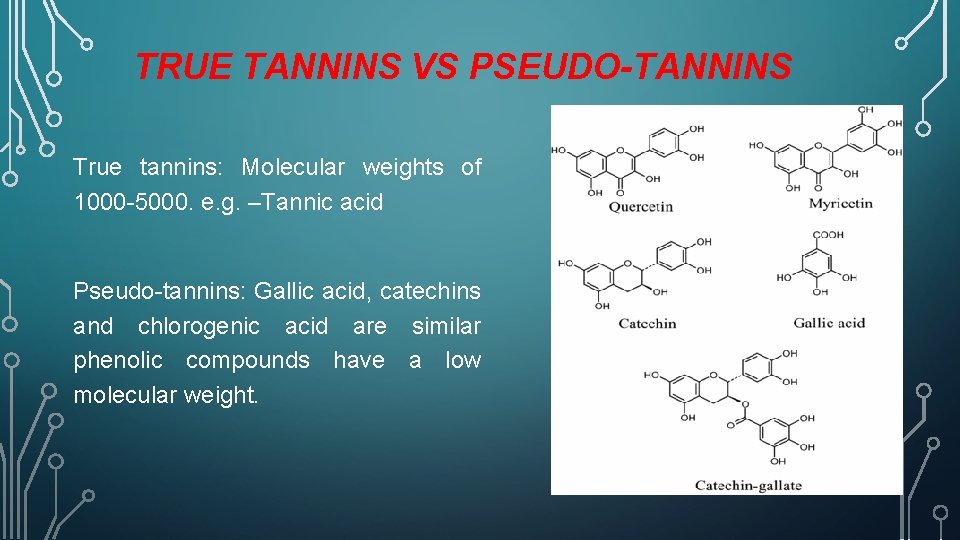 TRUE TANNINS VS PSEUDO-TANNINS True tannins: Molecular weights of 1000 -5000. e. g. –Tannic