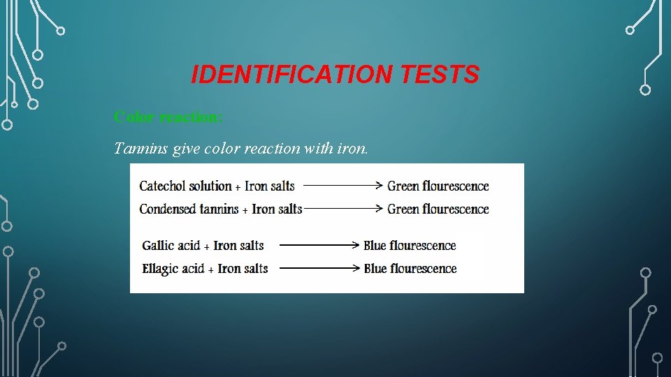 IDENTIFICATION TESTS Color reaction: Tannins give color reaction with iron. 