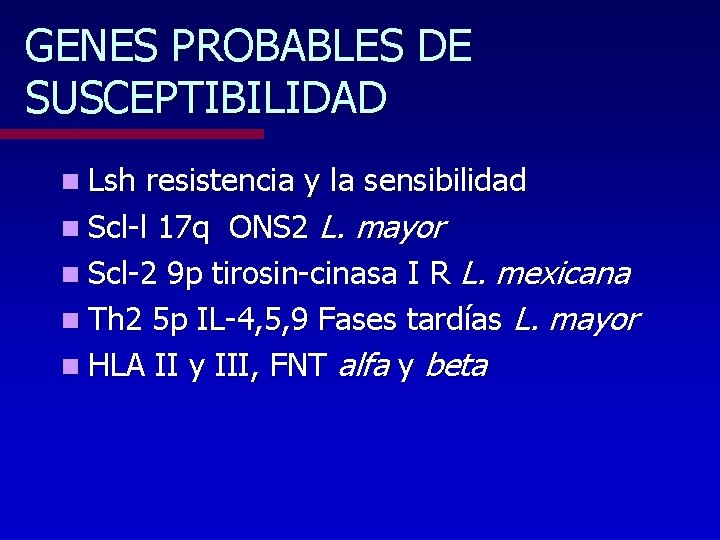 GENES PROBABLES DE SUSCEPTIBILIDAD n Lsh resistencia y la sensibilidad n Scl-l 17 q