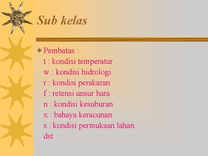 Sub kelas ¬ Pembatas : t : kondisi temperatur w : kondisi hidrologi r