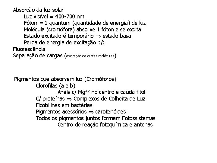 Absorção da luz solar Luz visível = 400 -700 nm Fóton = 1 quantum