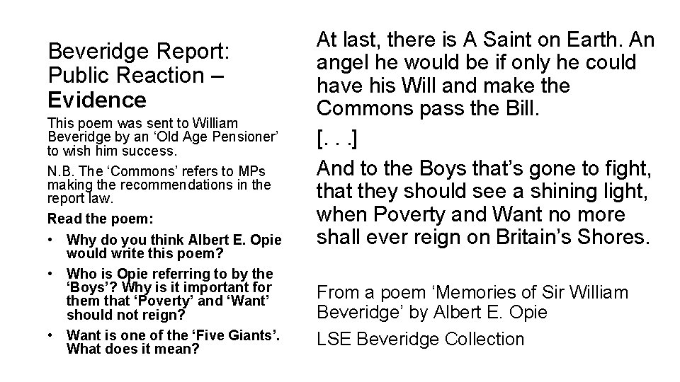 Beveridge Report: Public Reaction – Evidence This poem was sent to William Beveridge by