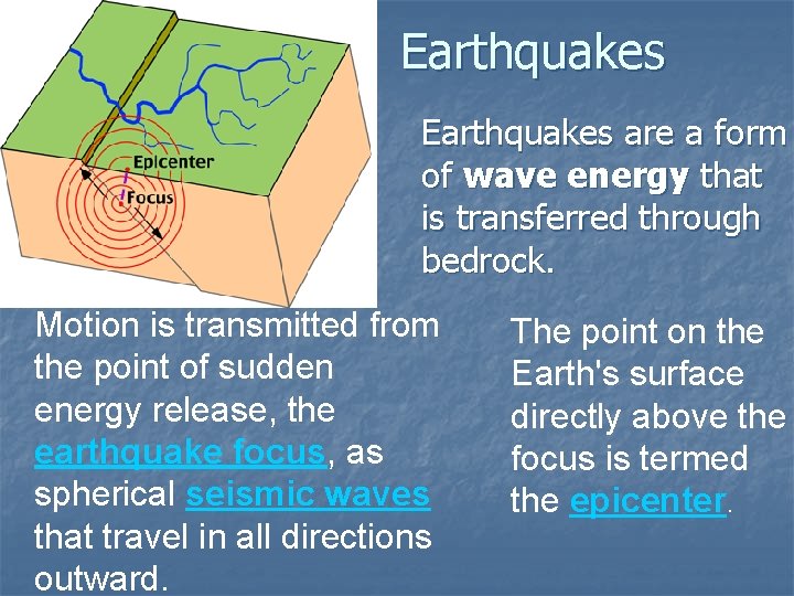 Earthquakes are a form of wave energy that is transferred through bedrock. Motion is