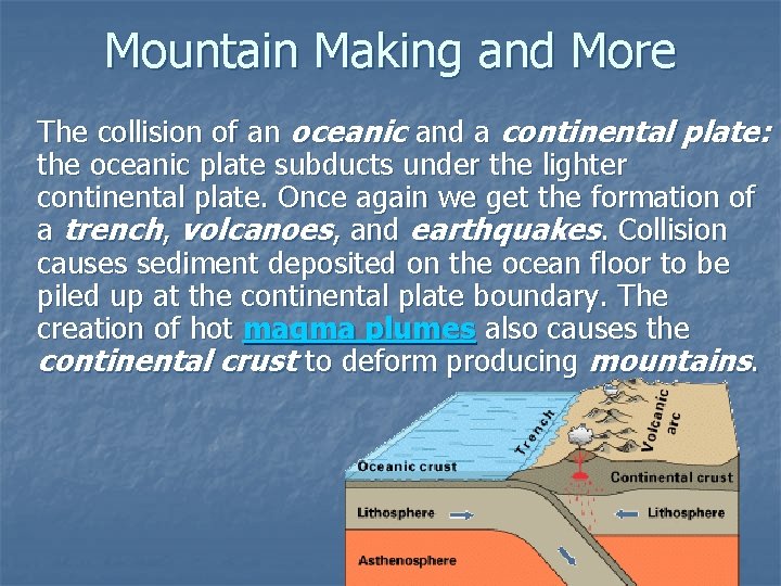 Mountain Making and More The collision of an oceanic and a continental plate: the
