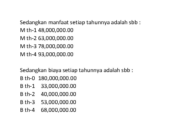 Sedangkan manfaat setiap tahunnya adalah sbb : M th-1 48, 000. 00 M th-2