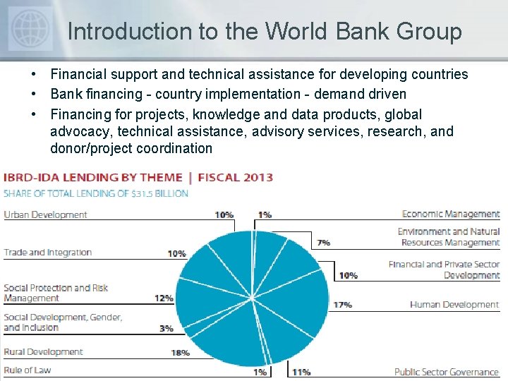 Introduction to the World Bank Group • Financial support and technical assistance for developing