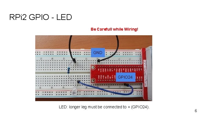 RPi 2 GPIO - LED Be Carefull while Wiring! GND GPIO 24 LED: longer