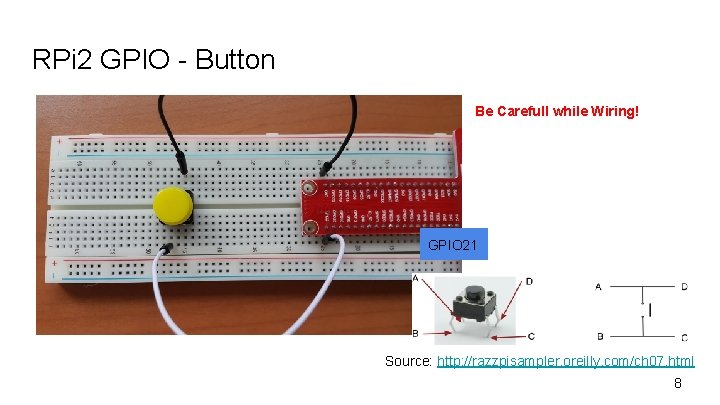 RPi 2 GPIO - Button Be Carefull while Wiring! GPIO 21 Source: http: //razzpisampler.