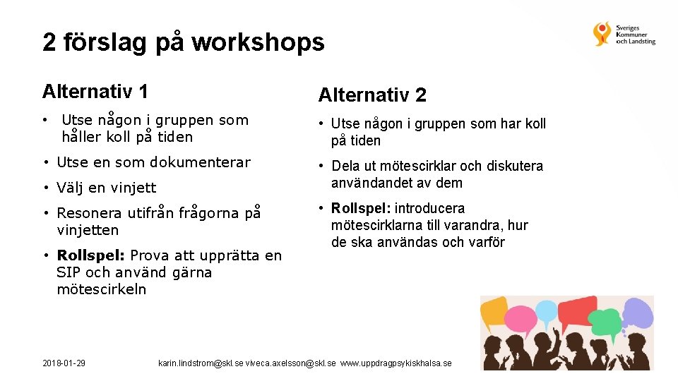 2 förslag på workshops Alternativ 1 Alternativ 2 • Utse någon i gruppen som