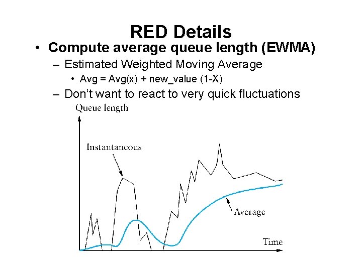 RED Details • Compute average queue length (EWMA) – Estimated Weighted Moving Average •