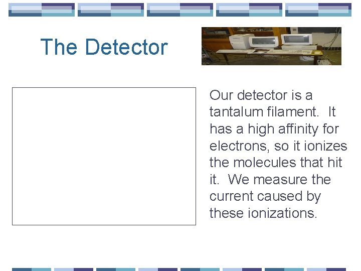 The Detector Our detector is a tantalum filament. It has a high affinity for