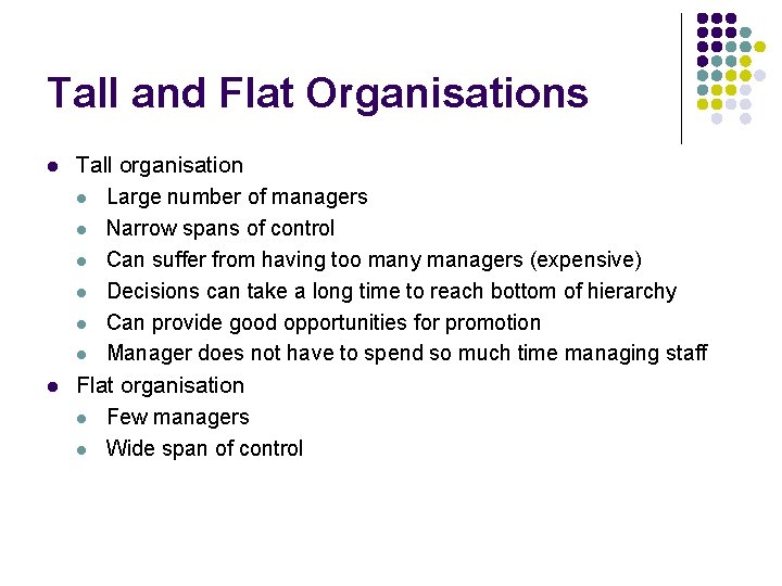 Tall and Flat Organisations l l Tall organisation l Large number of managers l Tall and Flat Organisations l l Tall organisation l Large number of managers l