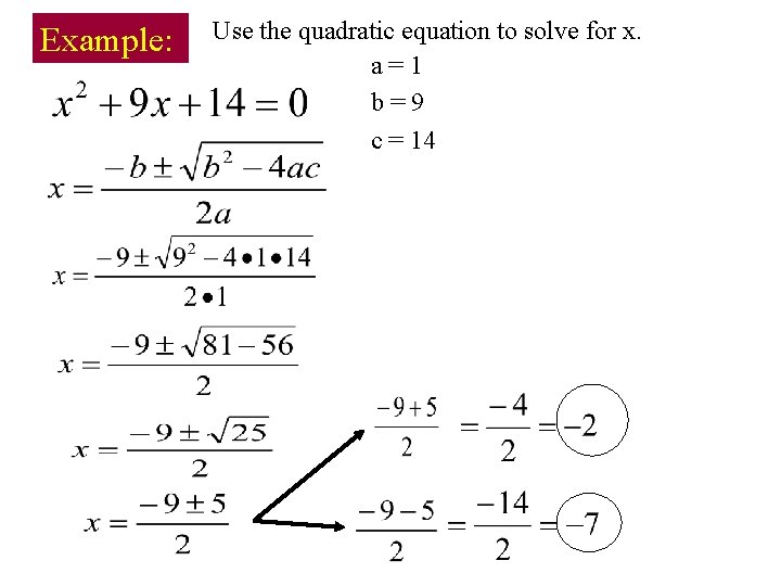 Example: Use the quadratic equation to solve for x. a=1 b=9 c = 14