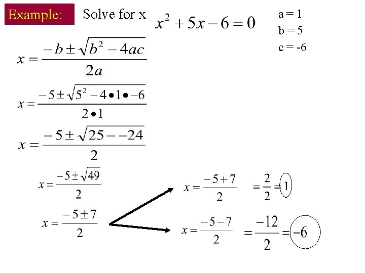 Example: Solve for x a=1 b=5 c = -6 
