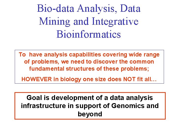 Bio-data Analysis, Data Mining and Integrative Bioinformatics To have analysis capabilities covering wide range